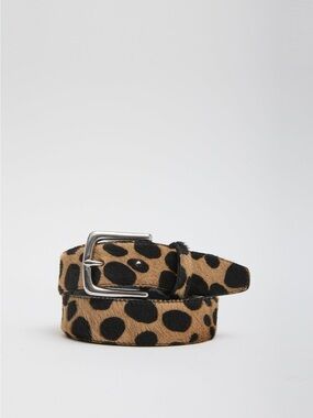 Tibi Leopard Pony Hair Belt in Tan and Black with Silver Buckle